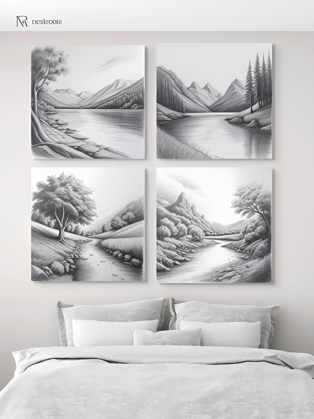 

nestroots Serene River and Tree Art Black & White 4 Pieces Canvas Wall Art