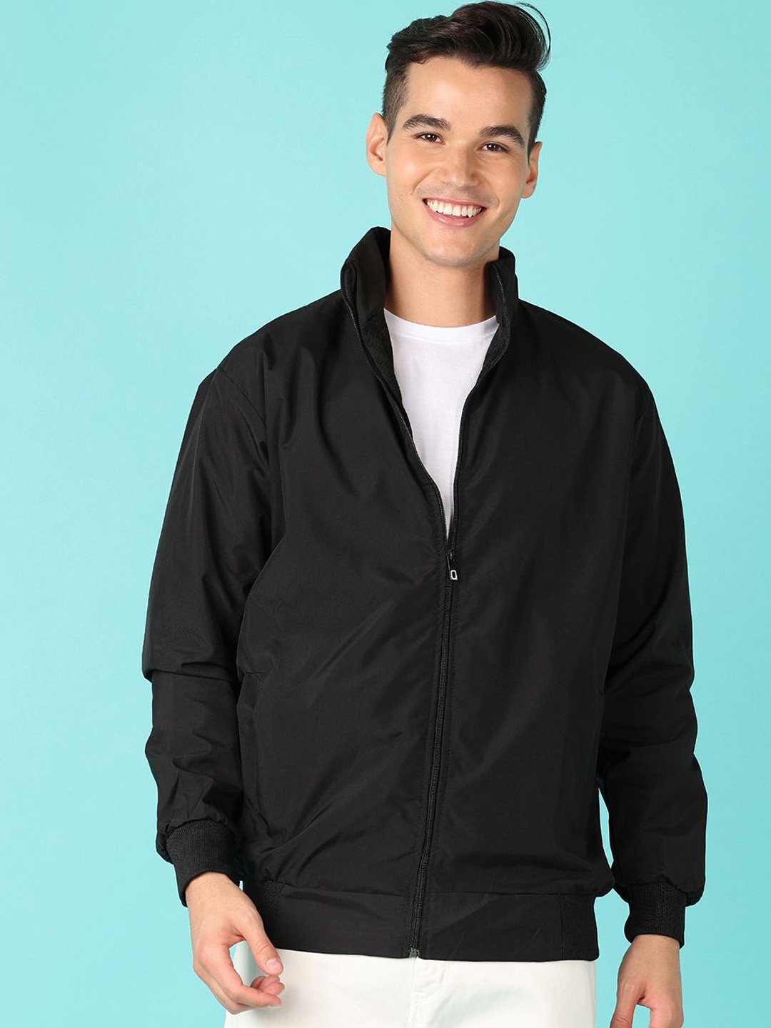 

V-Mart Men Mock Collar Solid Cotton Casual Bomber Jacket, Black