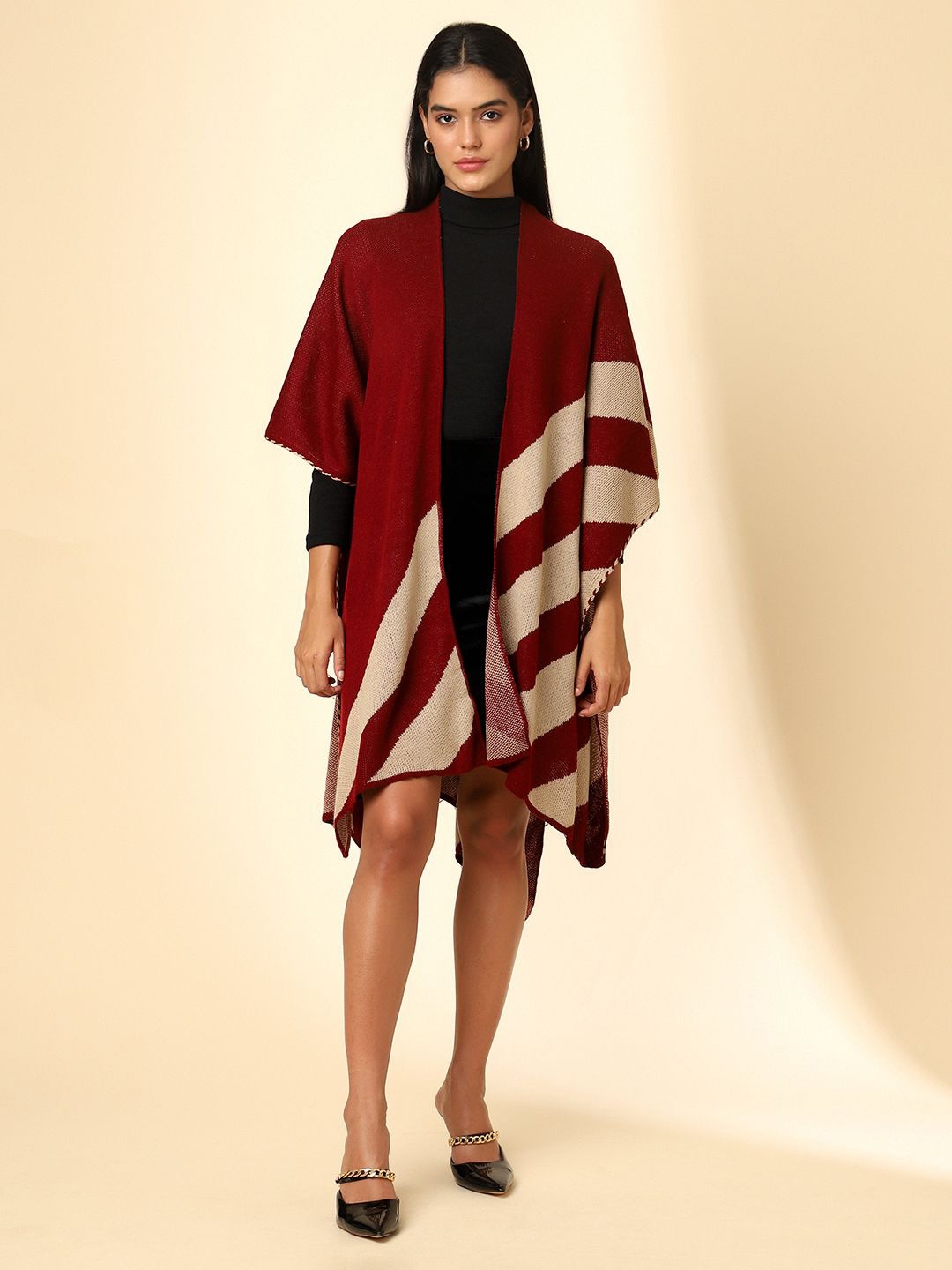 

Zamour Striped Open Front Longline Shrug, Maroon