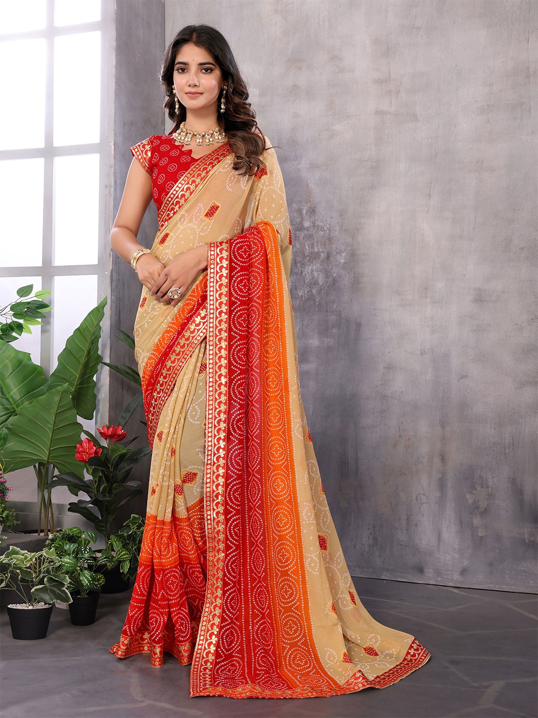 

KALINI Bandhani Gotta Patti Poly Georgette Bandhani Saree, Red