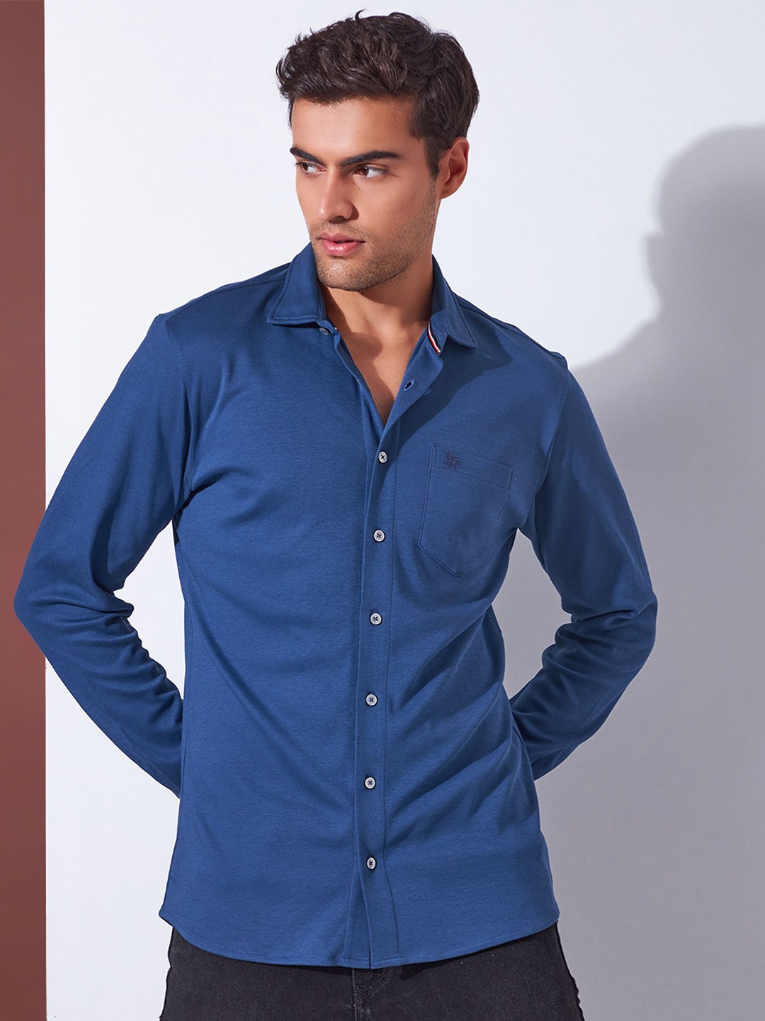 

Markle Moro Men Spread Collar Solid Cotton Casual Shirt, Blue