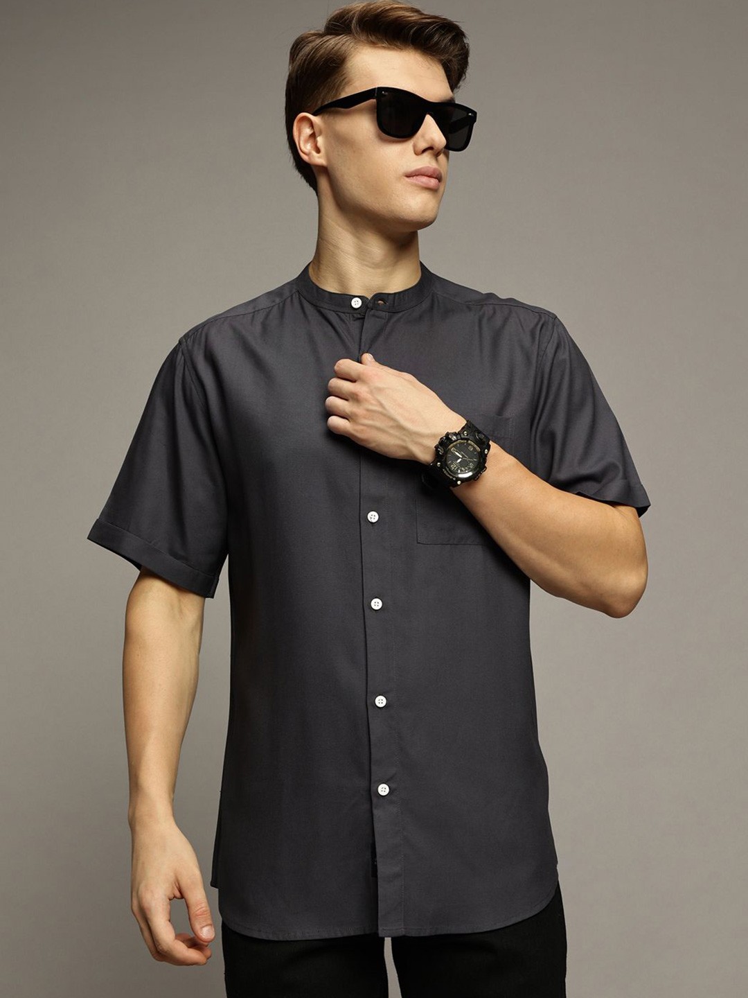 

The Roadster Lifestyle Co. Men Premium Band Collar Solid Cotton Casual Shirt, Grey
