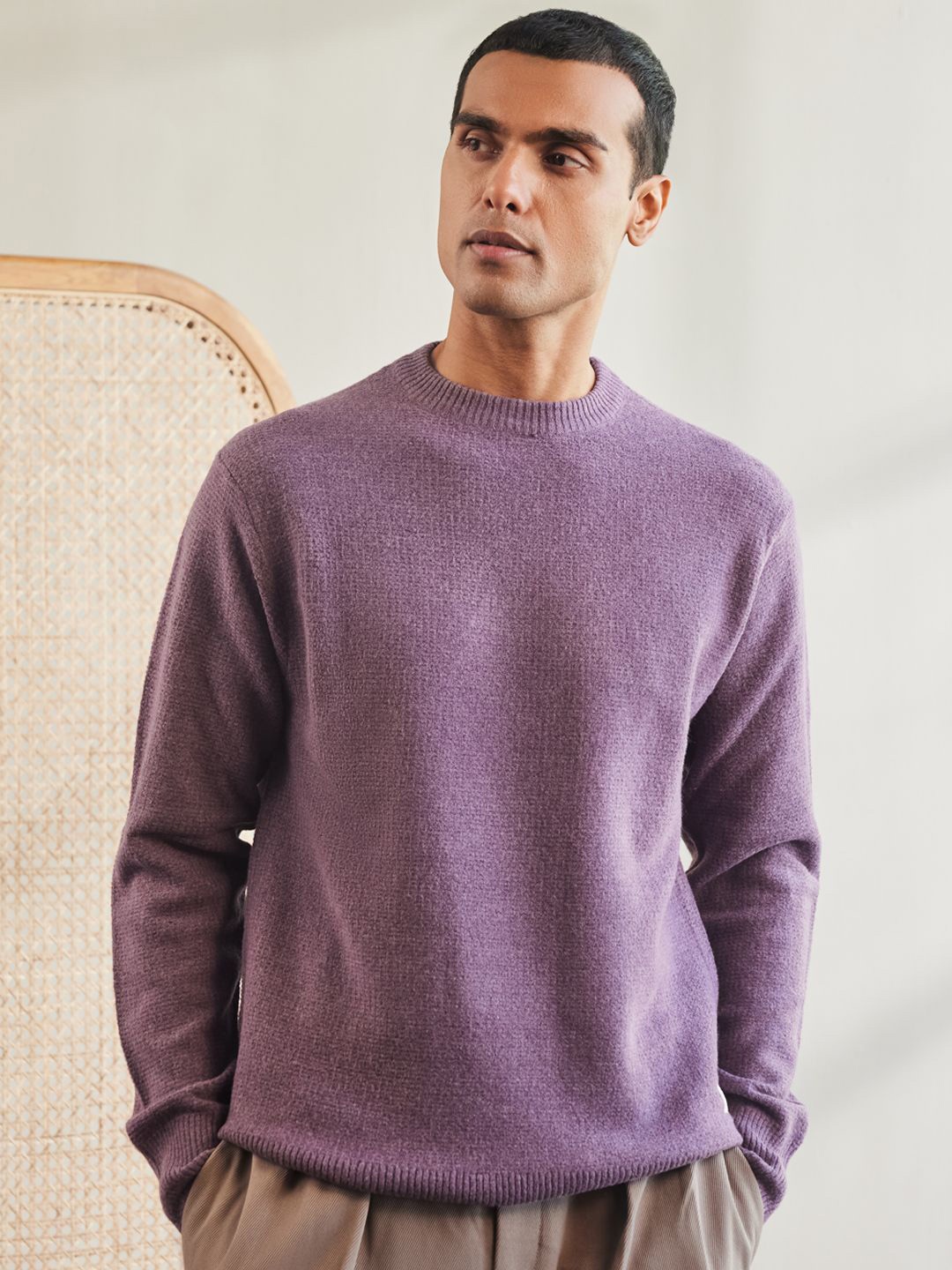 

Mr Bowerbird Men Solid Round Neck Pullover, Purple