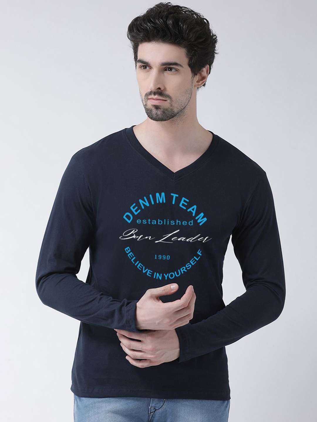

Friskers Men Typography Printed V-Neck Cotton Slim Fit T-shirt, Navy blue
