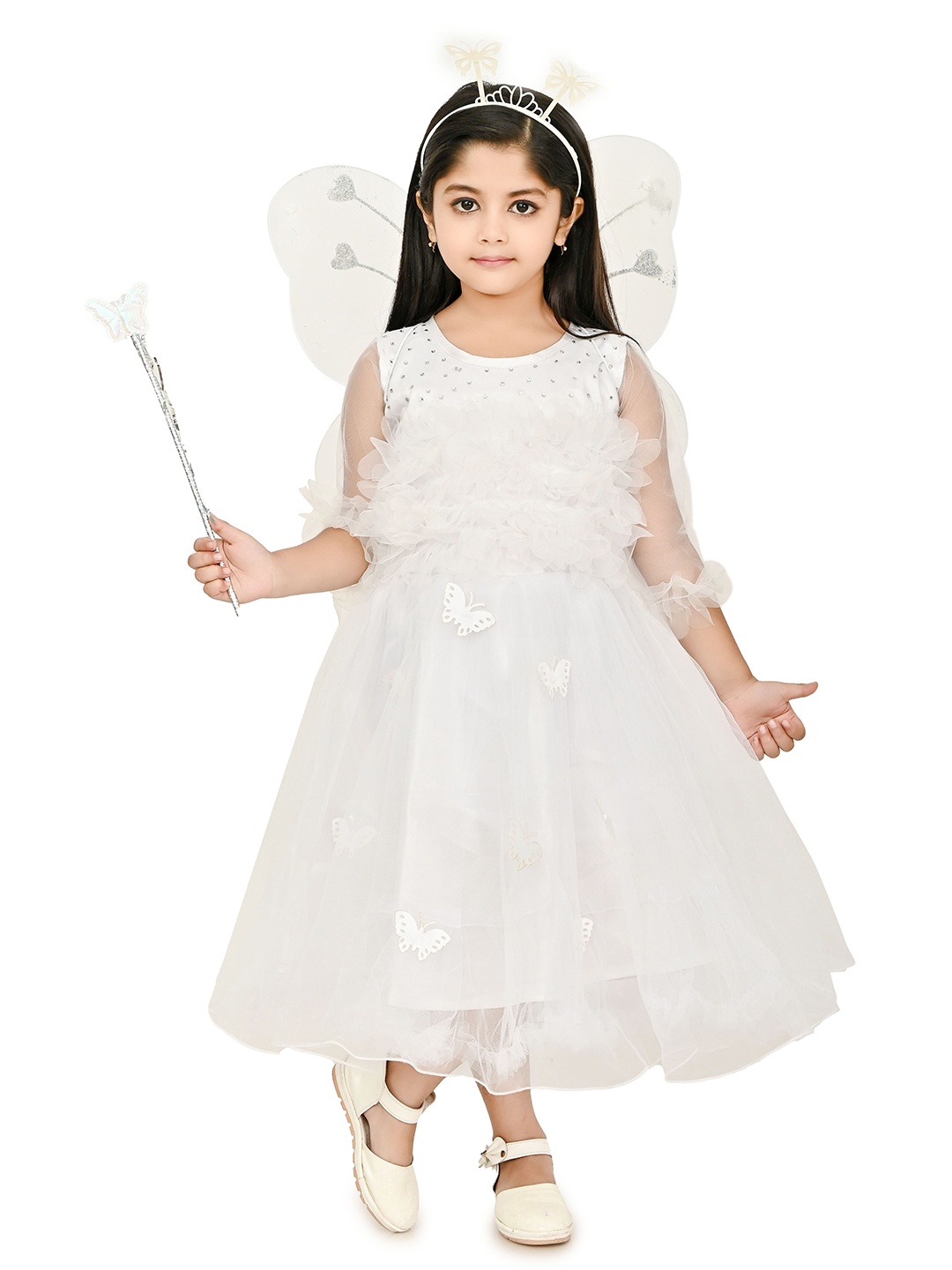 

Zenat Girls Round Neck Fit & Flare Net Dress, White