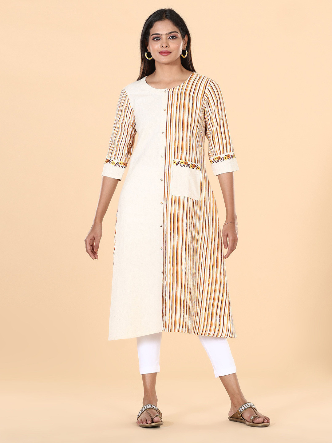 

Vismay Women Cotton Striped Printed Kurta, White