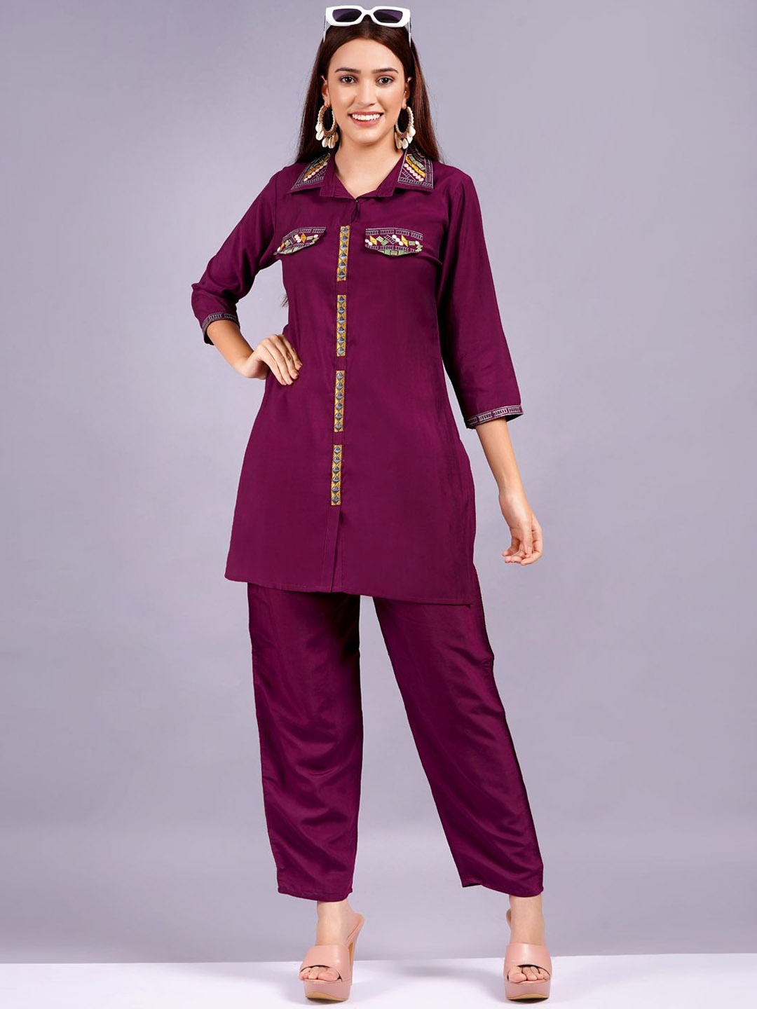 

HIGHLIGHT FASHION EXPORT Embroidered Tunic With Trousers Co-Ords, Burgundy