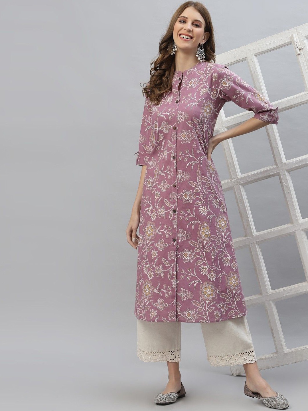 

Mialo fashion Floral Woven Design Band Collar Pure Cotton A-Line Kurta, Lavender