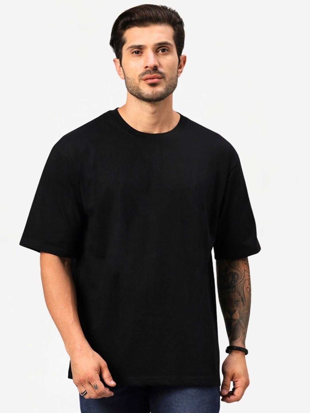 

URBANICE Men Solid Round Neck Cotton Oversized T-shirt, Black