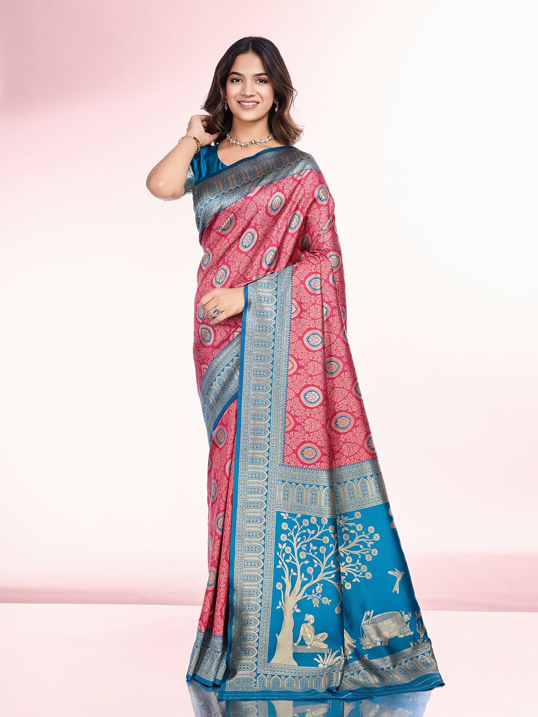 

RICH & ROMAN Womens Zari Pure Silk Banarasi Saree, Pink