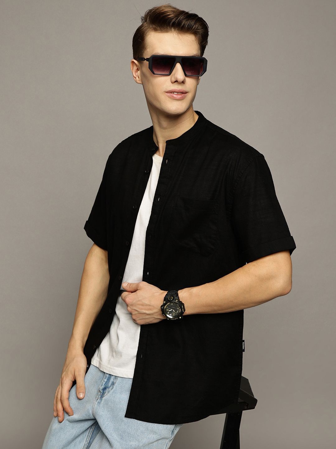 

The Roadster Lifestyle Co. Men Premium Band Collar Solid Cotton Oversized Casual Shirt, Black