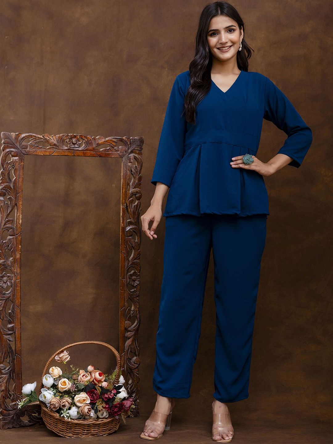 

FERANOID V-Neck Three-Quarter Sleeves Tunic With Trouser, Navy blue