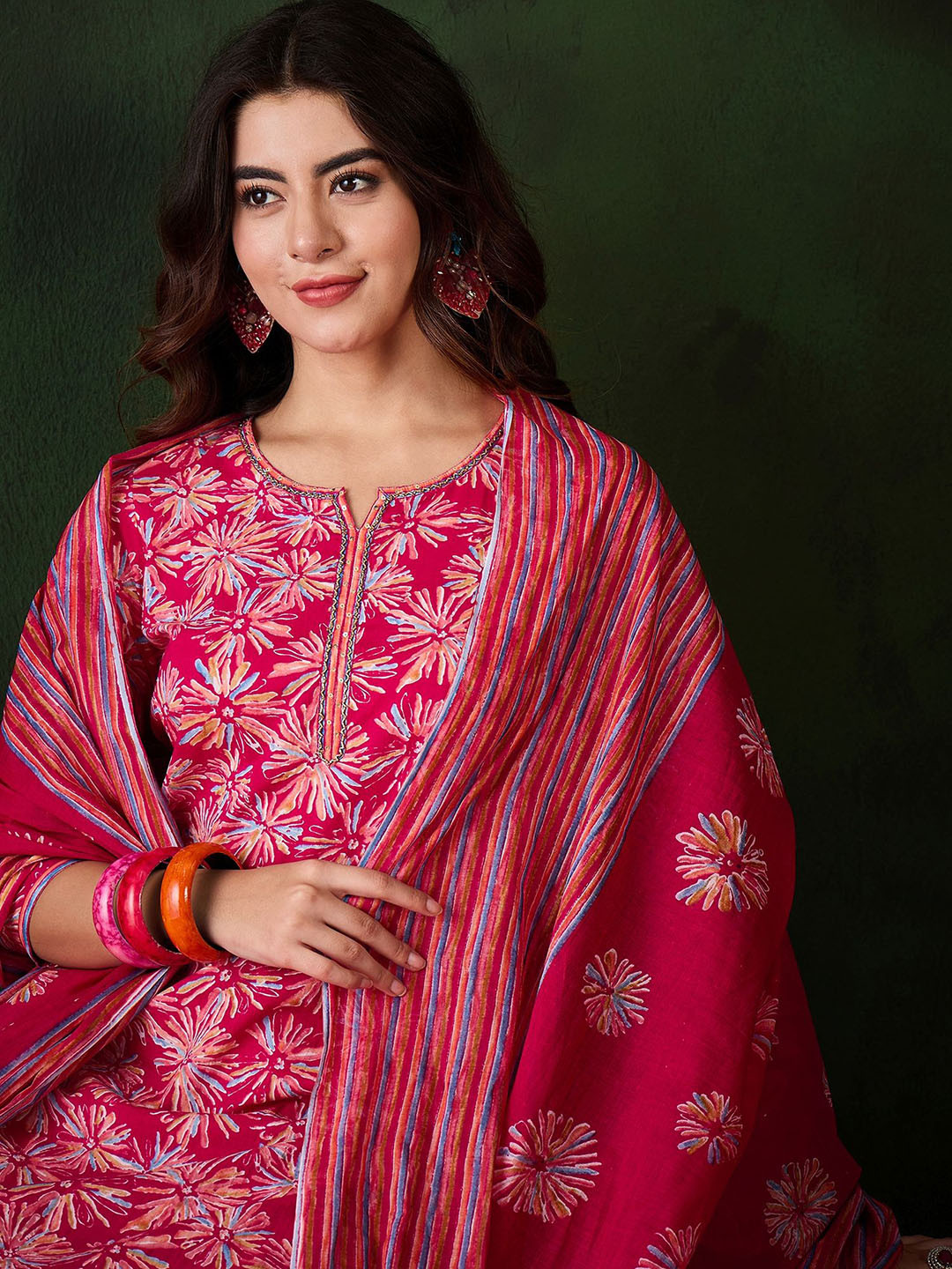 

Sangria Floral Printed Sequinned Straight Kurta & Trouser With Dupatta, Pink