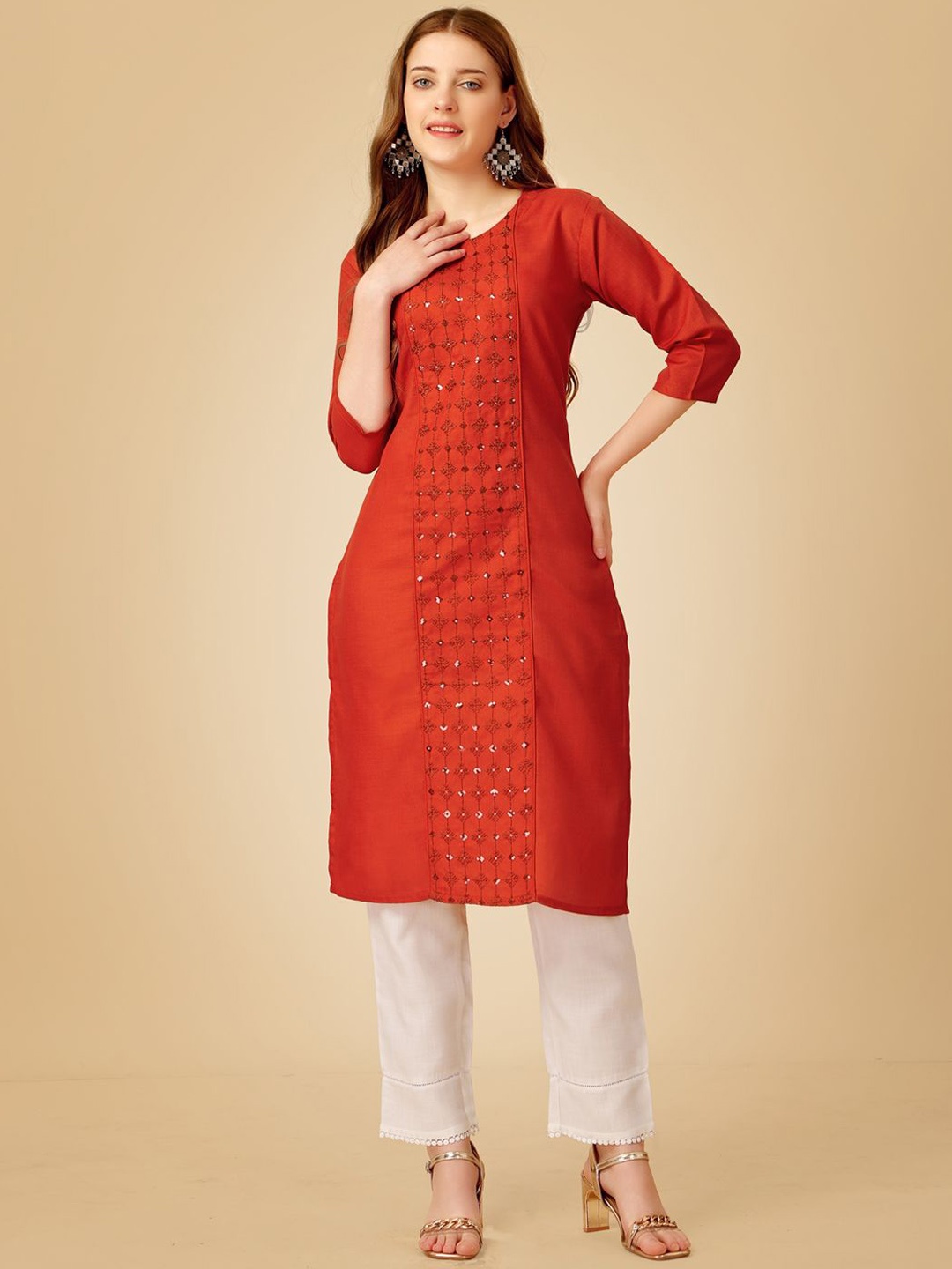 

HI FI NX Ethnic Motifs Embroidered Straight Kurta With Churidar, Rust