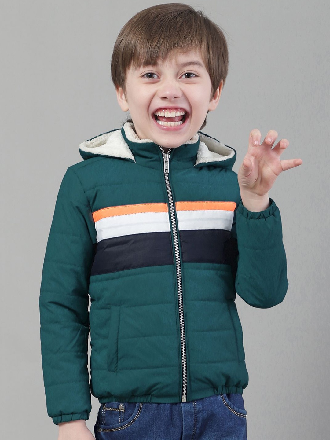 

HOUSE OF VEDAS Boys Hooded Striped Casual Padded Jacket, Green