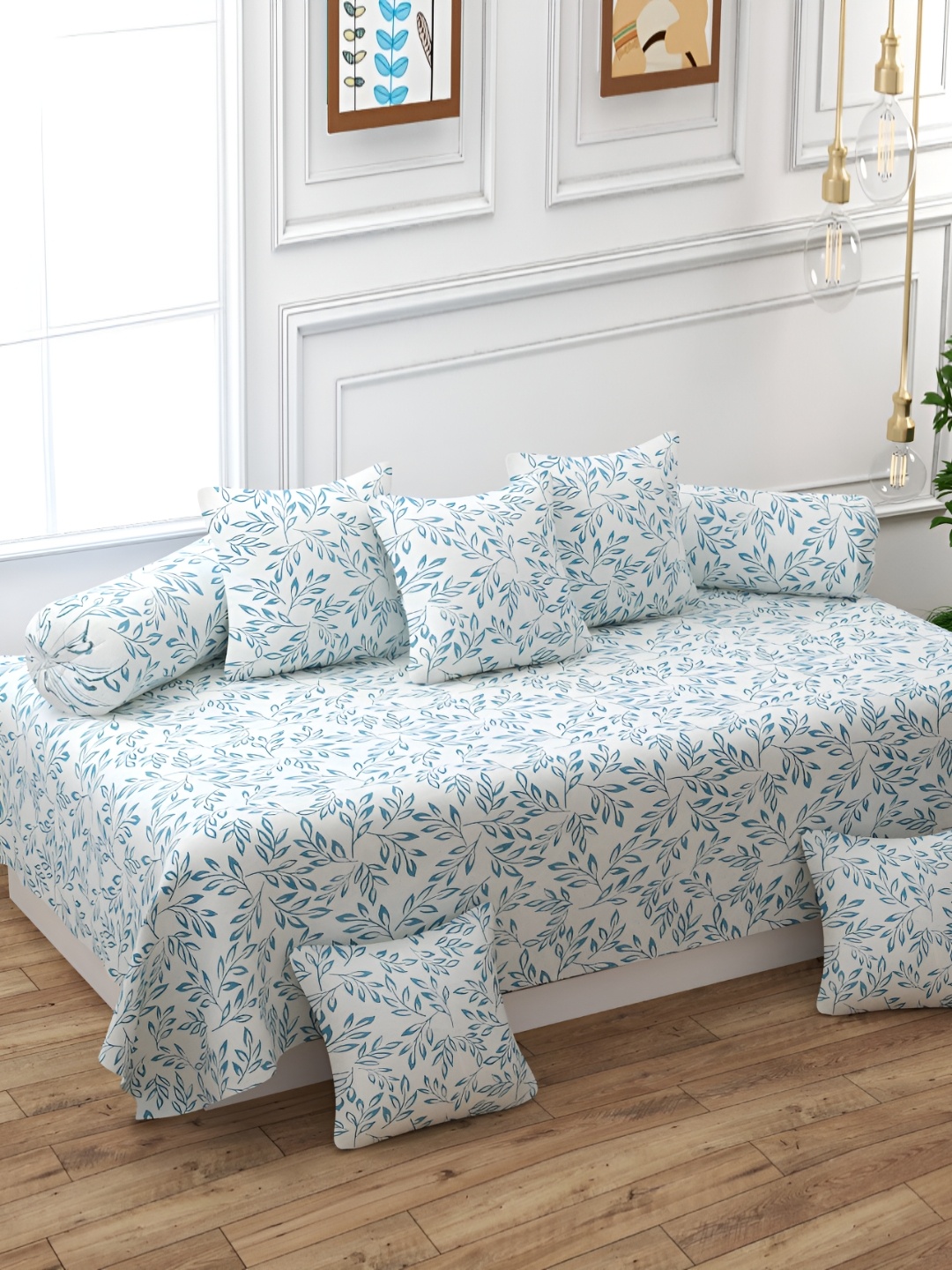

Bromwick White and Blue 8 Pieces Floral Printed Cotton Diwan Set