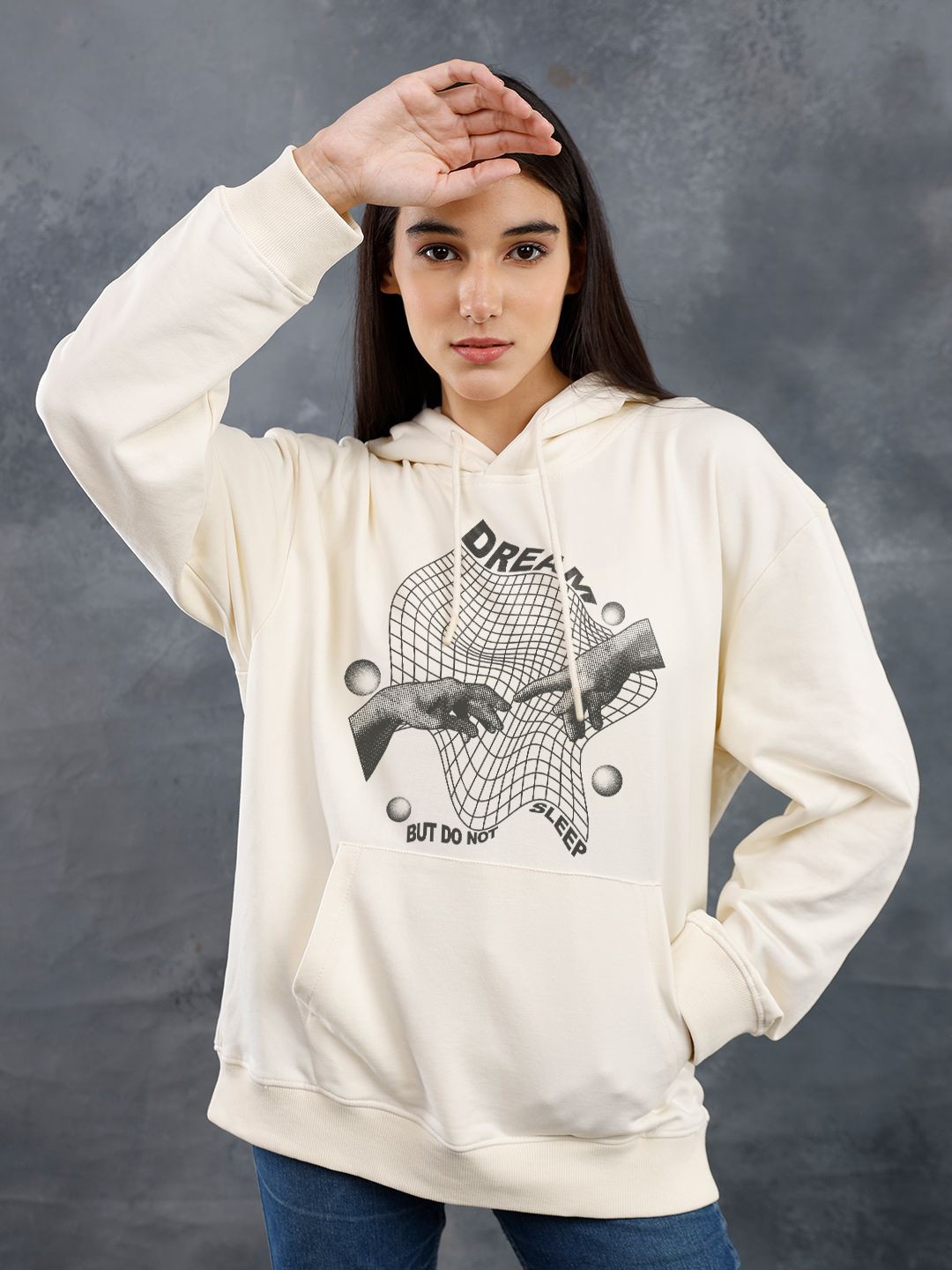 

PRONK Women Cotton Printed Hooded Long Sleeves Sweatshirt, Off white
