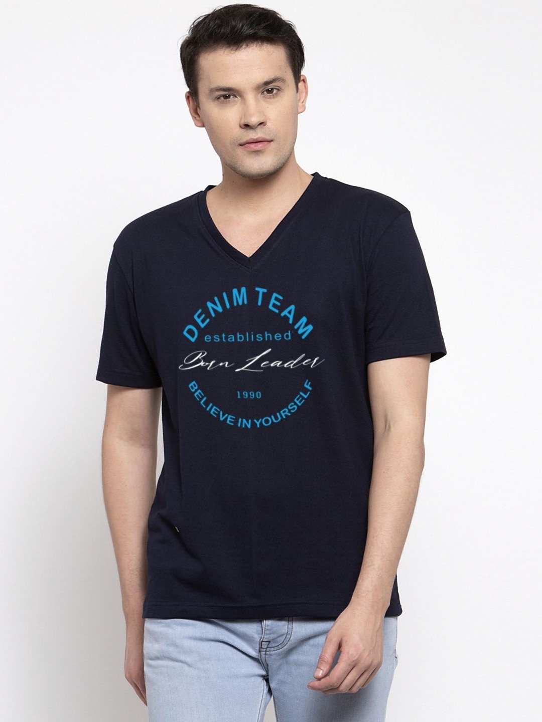 

Friskers Men Typography Printed V-Neck Cotton Slim Fit T-shirt, Navy blue