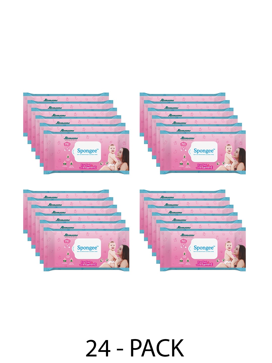 

Romsons Dignity Set Of 24 Spongee Soap Free Baby Wet Wipes- 72 Each, Pink