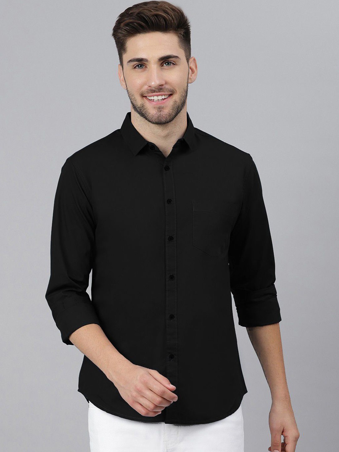 

Provogue Men India Slim Spread Collar Solid Cotton Casual Shirt, Black