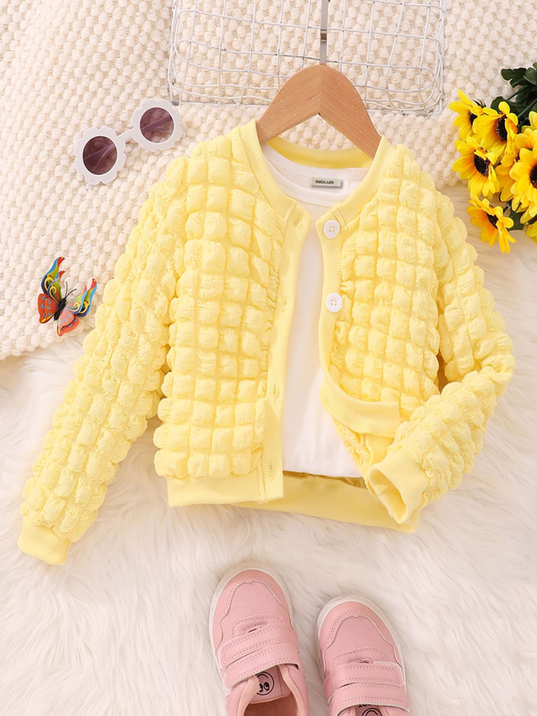

INCLUD Girls Stand Collar Self Design Casual Puffer Jacket, Yellow