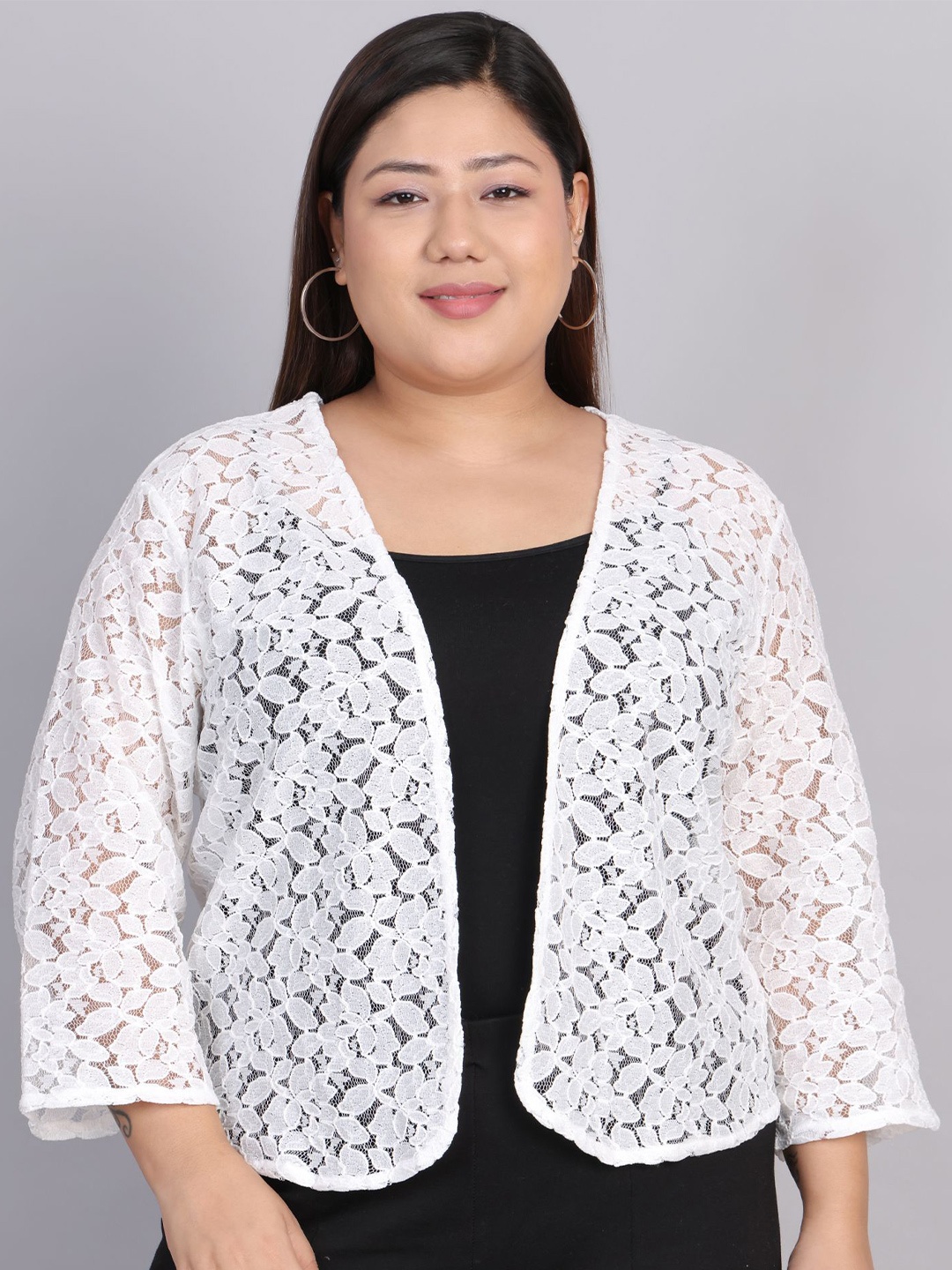 

Rute Plus Size Self Design Open Front Pure Cotton Party Shrug, White