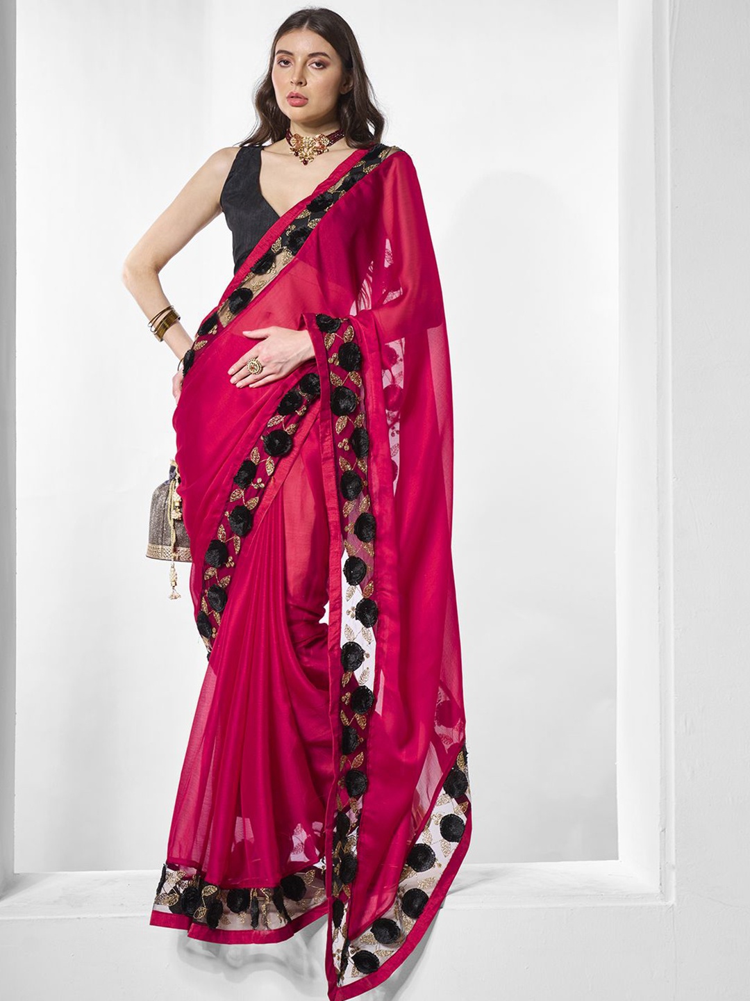 

Kalista Sequinned Pure Chiffon Ready to Wear Saree, Pink