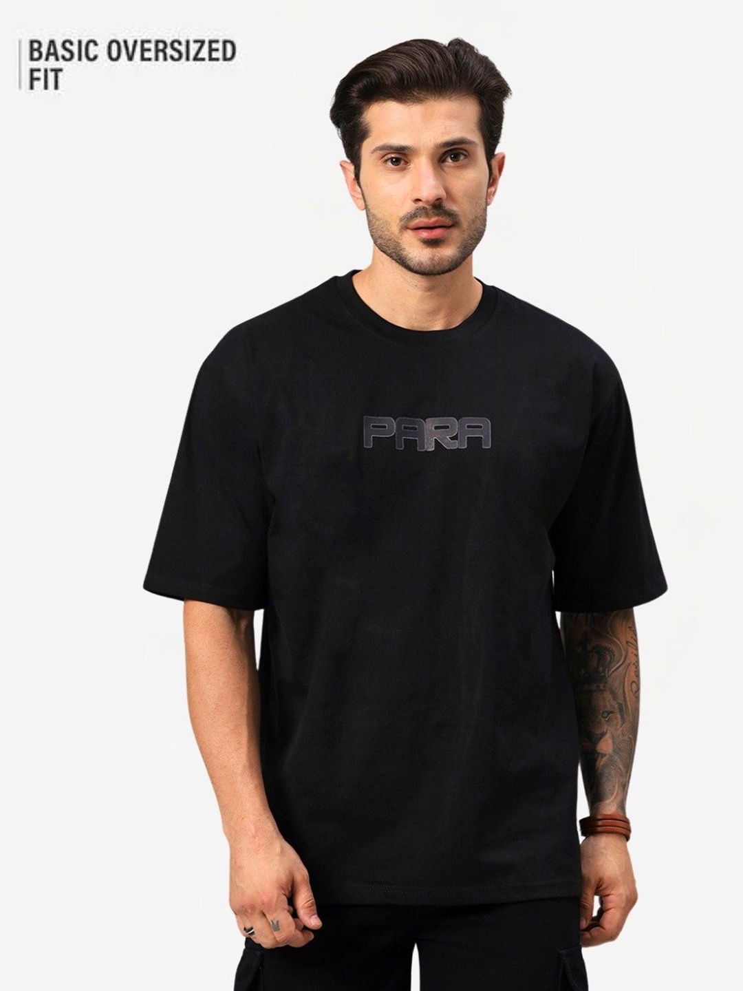 

URBANICE Men Typography Printed Round Neck Cotton Oversized T-shirt, Black