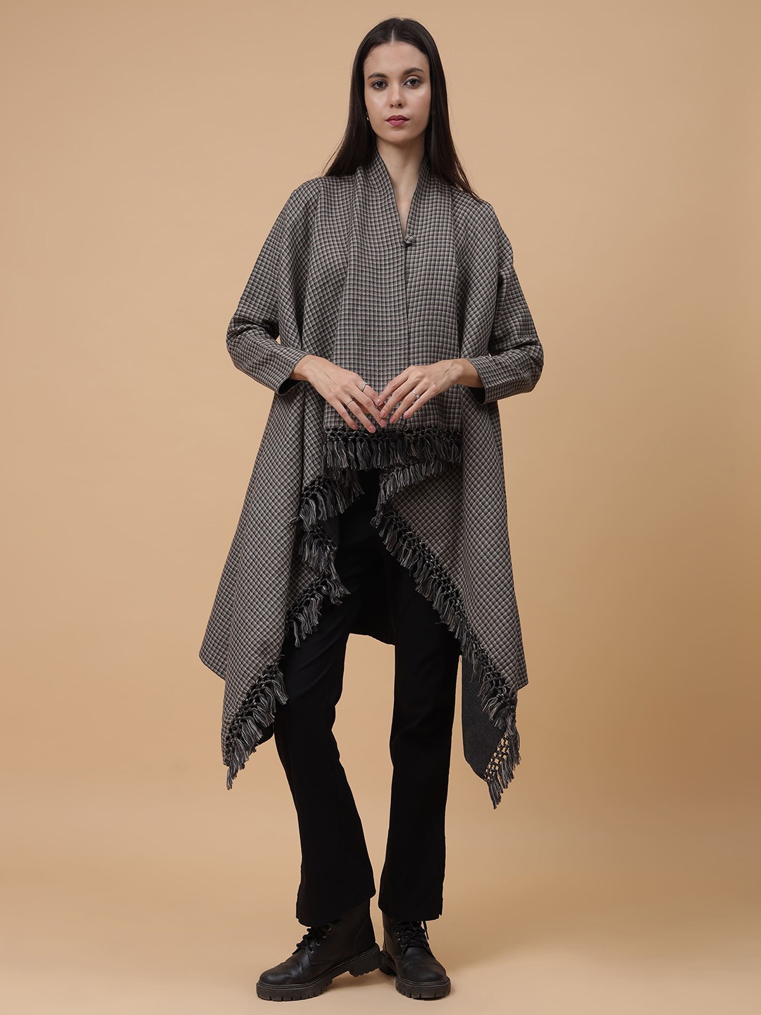 

Zamour Checked Longline Shrug, Grey