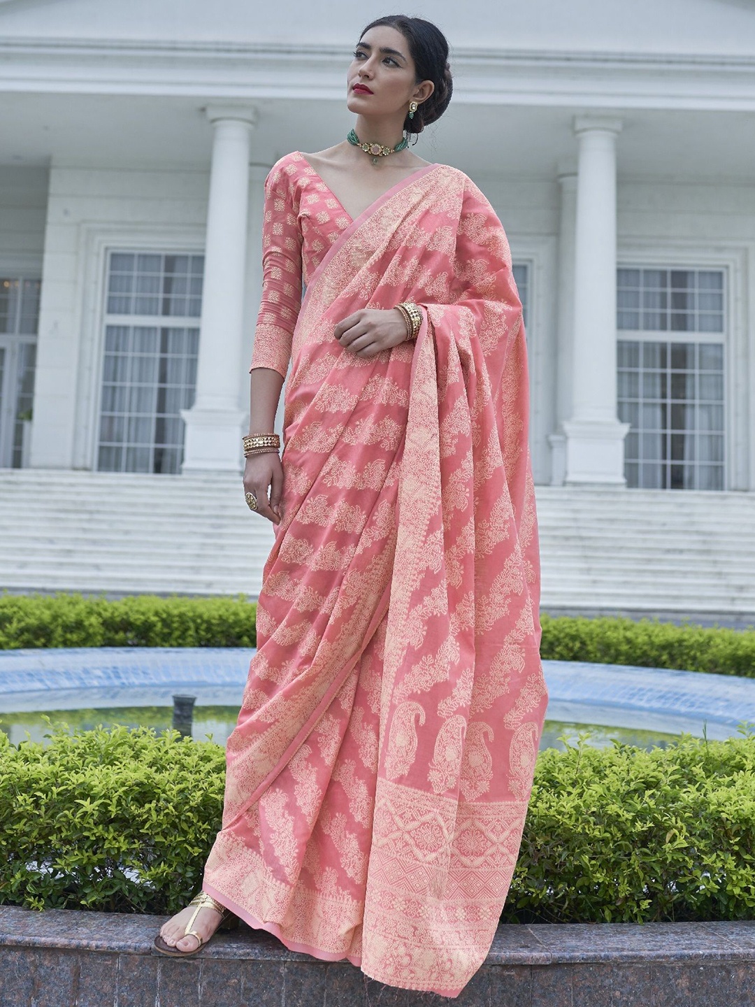 

MAHALASA Ethnic Motifs Pure Cotton Chanderi Saree, Pink