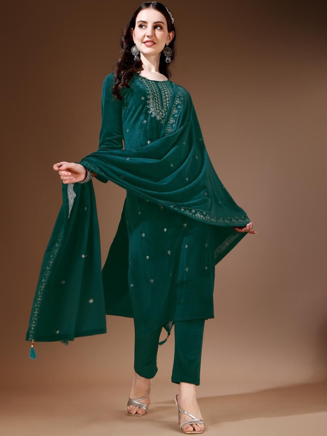 

Ziva Fashion Floral Embroidered Sequined Pure Wool Kurta With Trousers & Dupatta, Green