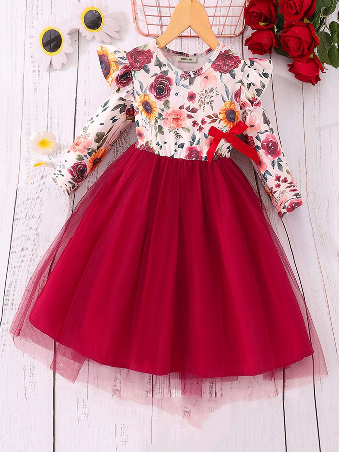 

INCLUD Girls Floral Printed Applique Fit & Flare Maxi Dress, Red