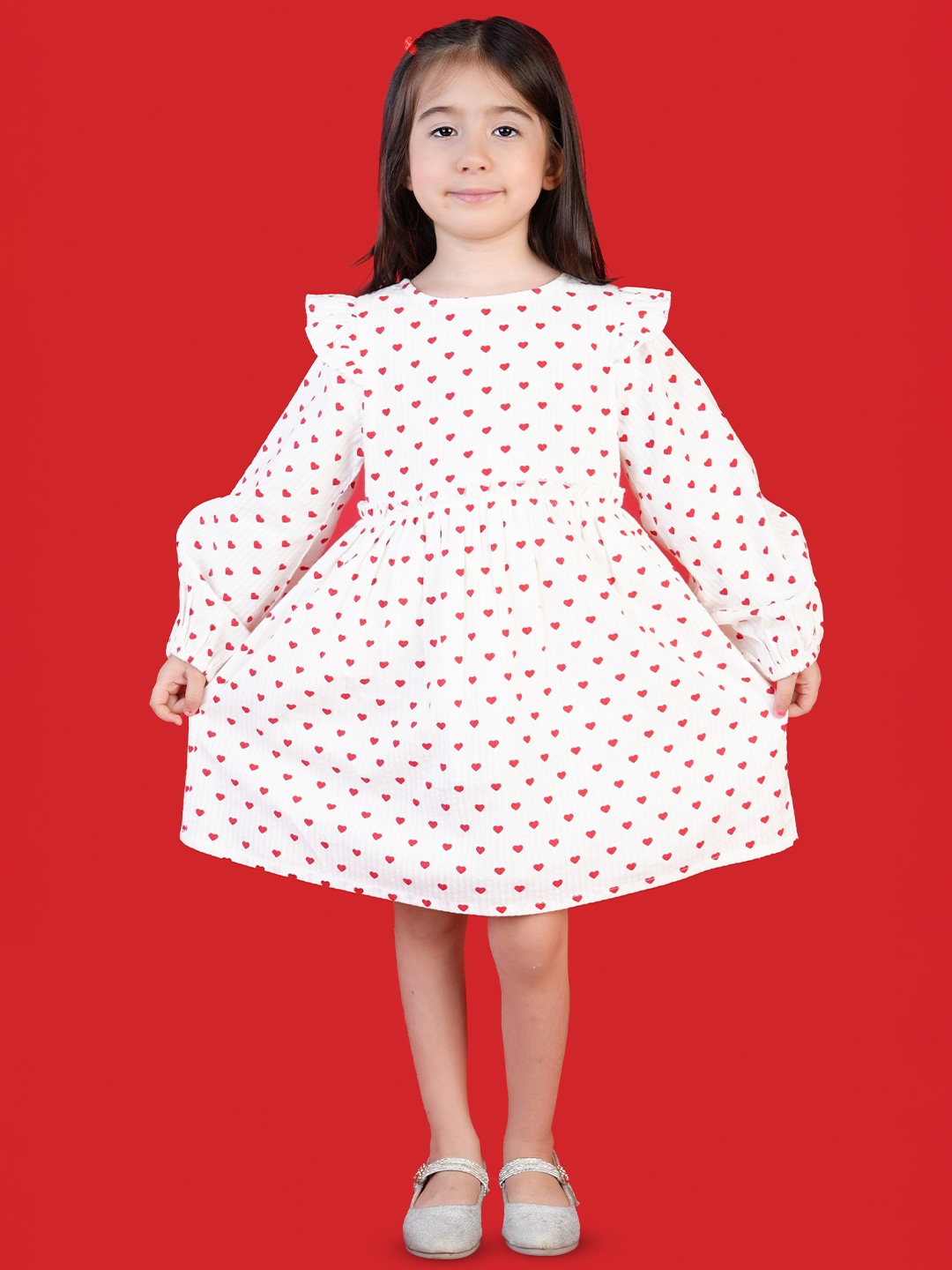 

Nature Nook Kids Girls Polka Dot Printed Cotton Round Neck Puff Sleeve Fit and Flare Dress, White