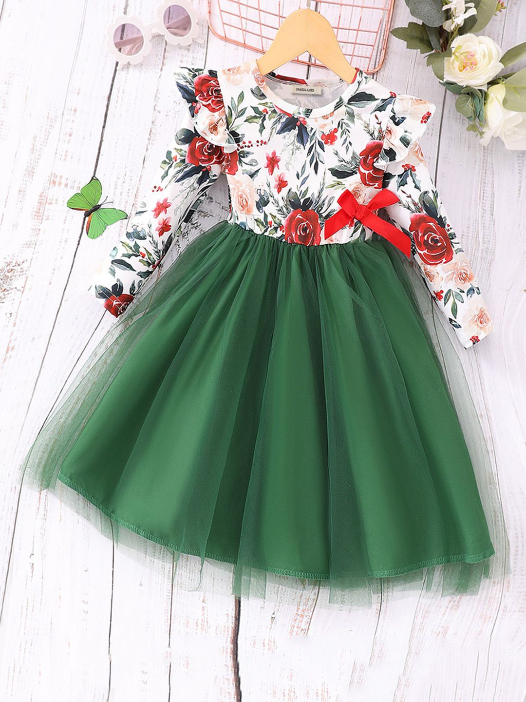 

INCLUD Girls Floral Printed Fit & Flare Maxi Dress, Green