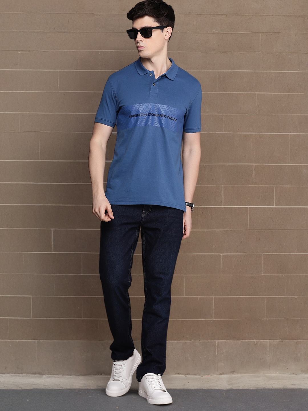 

French Connection Men Brand Logo & Geometric Print Polo Collar Indigo Pure Cotton T-shirt, Blue