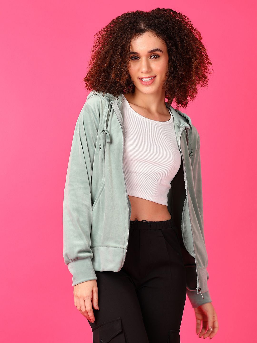 

V-Mart Women Solid Hooded Sweatshirt, Green
