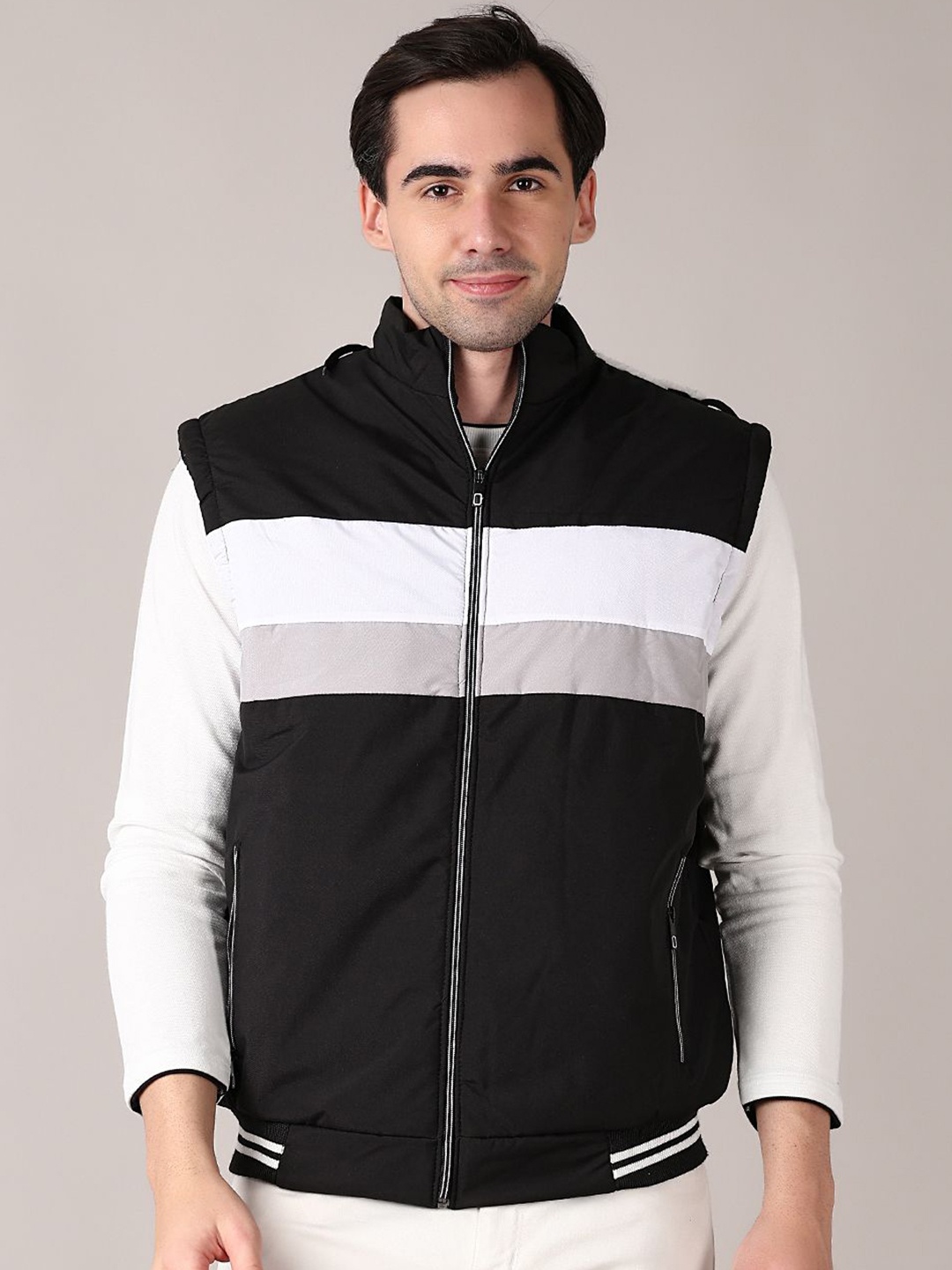 

V-Mart Men Mock Collar Striped Cotton Casual Padded Jacket, Black