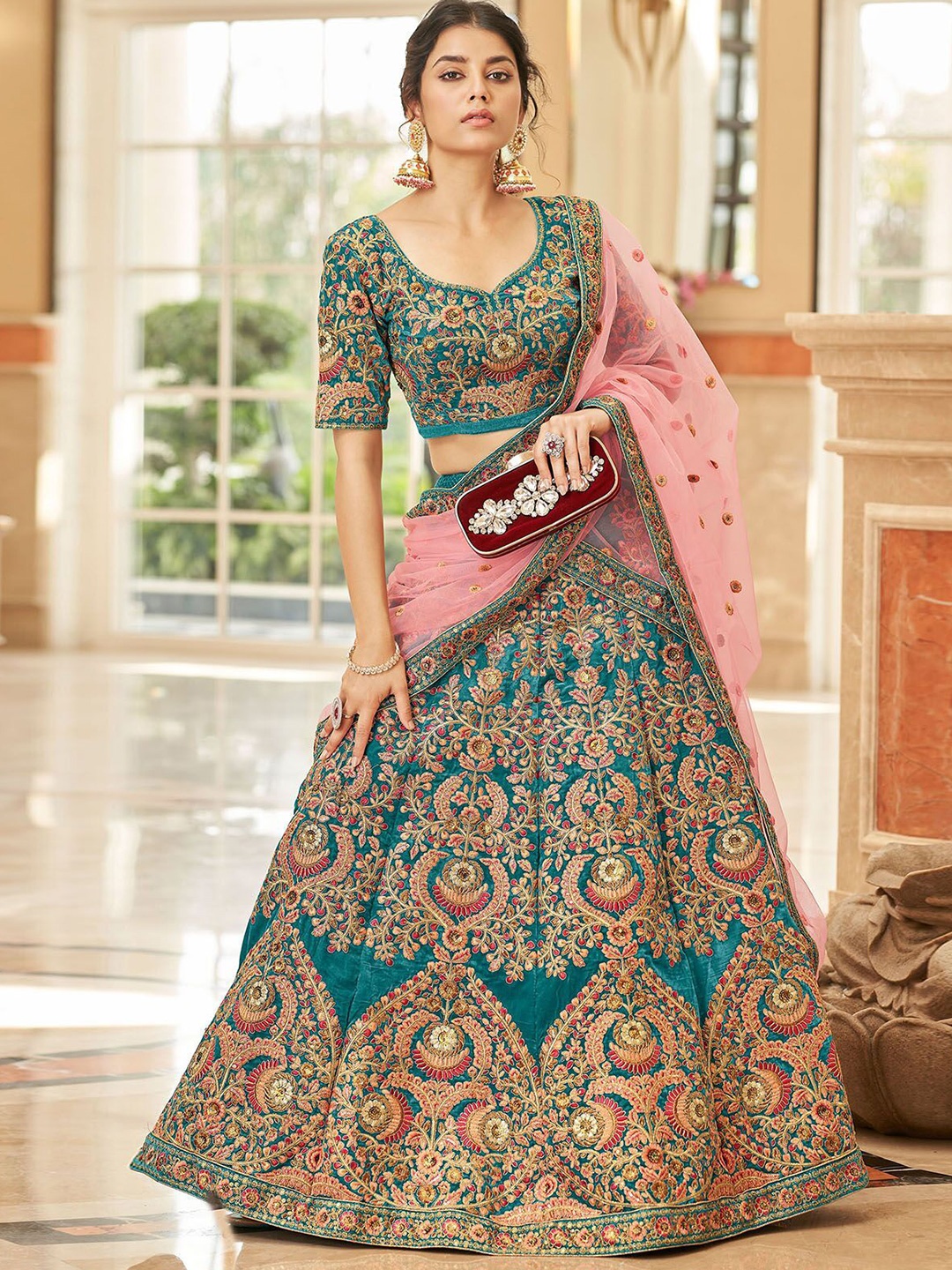 

ODETTE Embroidered Sequinned Velvet Semi-Stitched Lehenga & Unstitched Blouse With Dupatta, Teal