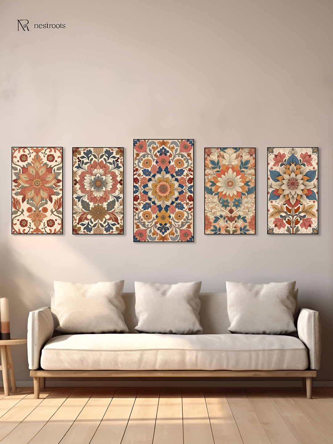 

nestroots Cream-Coloured & Blue 5 Pieces Vibrant Floral Canvas Wall Paintings