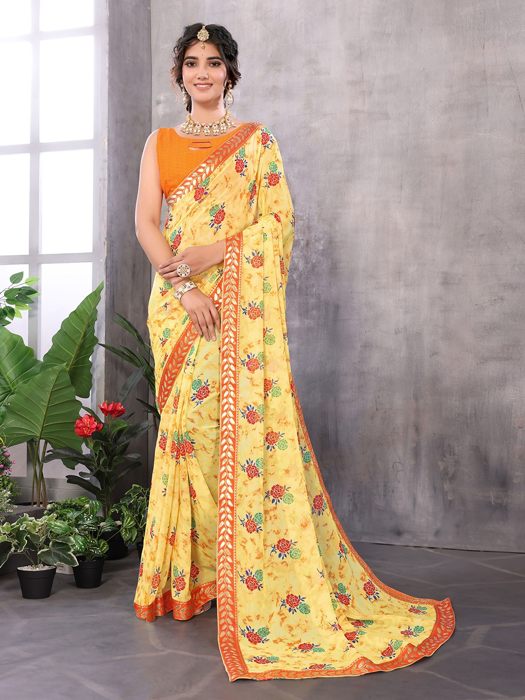 

KALINI Floral Printed Embellished Fusion Saree, Yellow