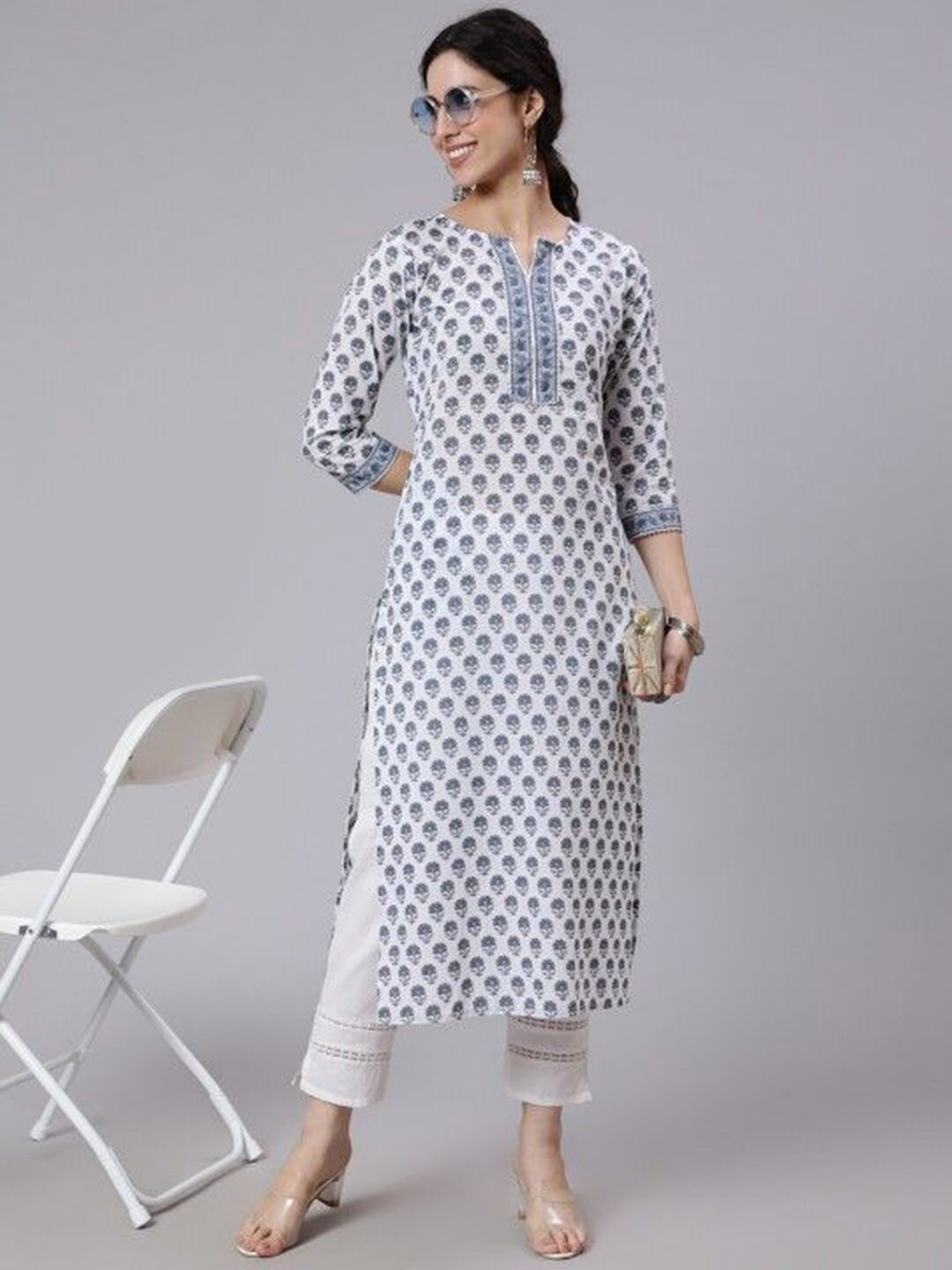 

Mialo fashion Floral Printed Notched Neck Pure Cotton Straight Kurta, White