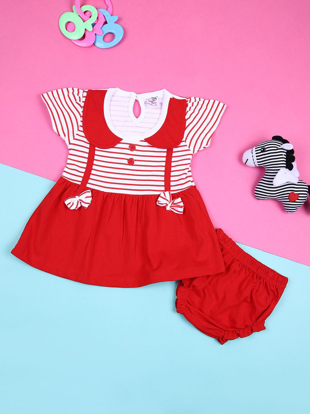 

V-Mart Kids Striped Peter Pan Collar Cotton Fit & Flare Dress, Red