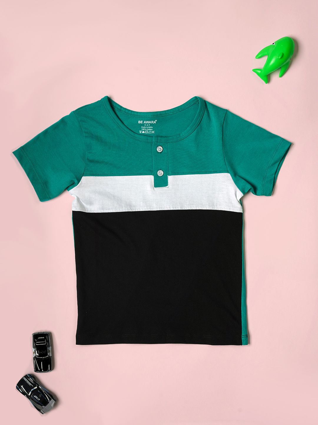 

BE AWARA Boys Colourblocked Henley Neck Cotton T-shirt, Green