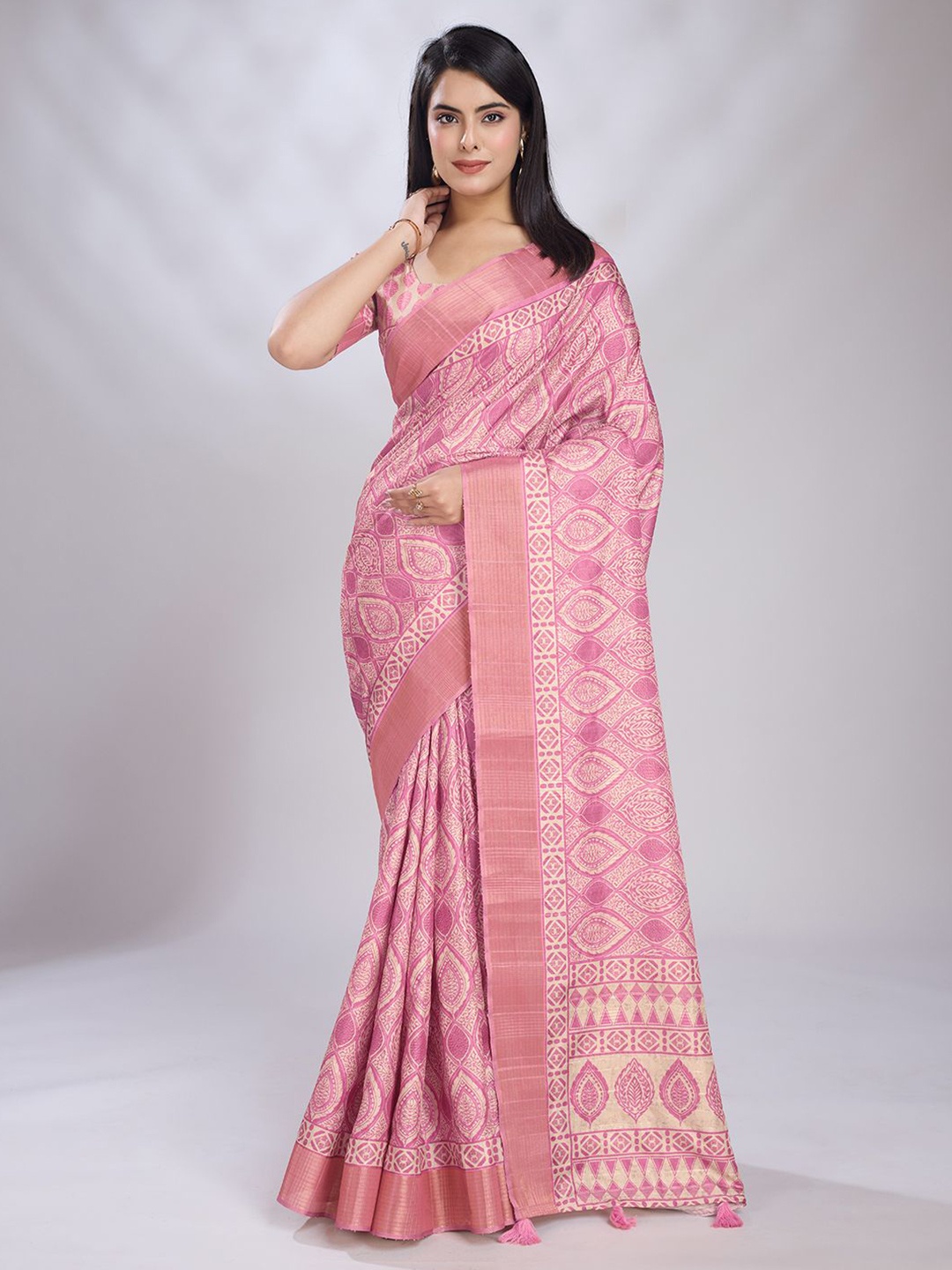 

KALINI Printed Zari Saree With Cotton Tassels, Pink