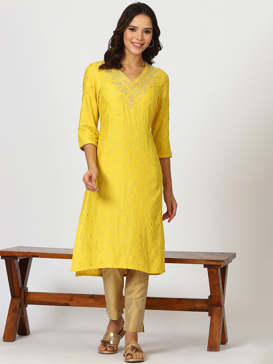

W Yellow Floral Embroidered V-Neck Three-Quarter Sleeves Regular Straight Kurta