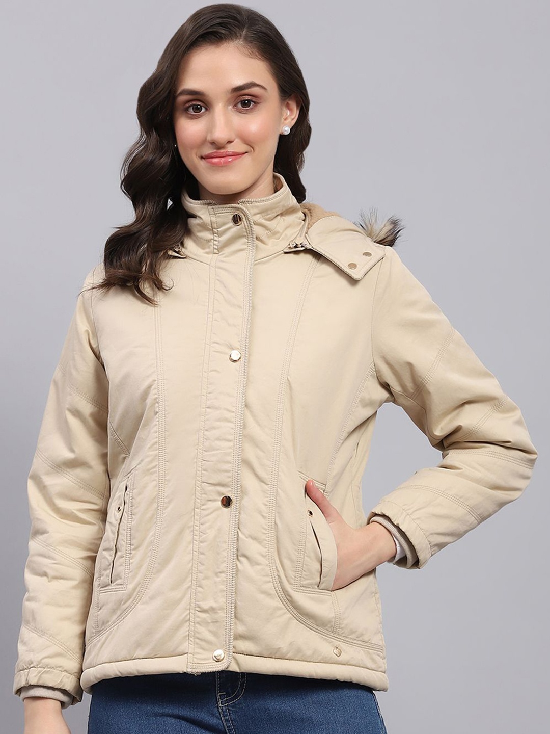 

Monte Carlo Women Hooded Solid Cotton Casual Parka Jacket, Beige
