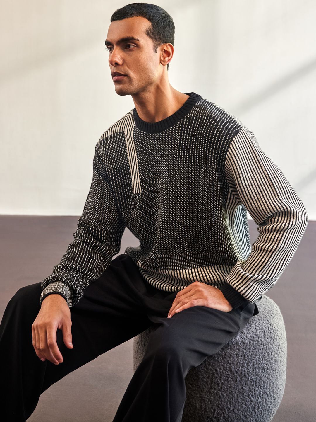 

Mr Bowerbird Men Geometric Self Design Cotton Pullover, Black