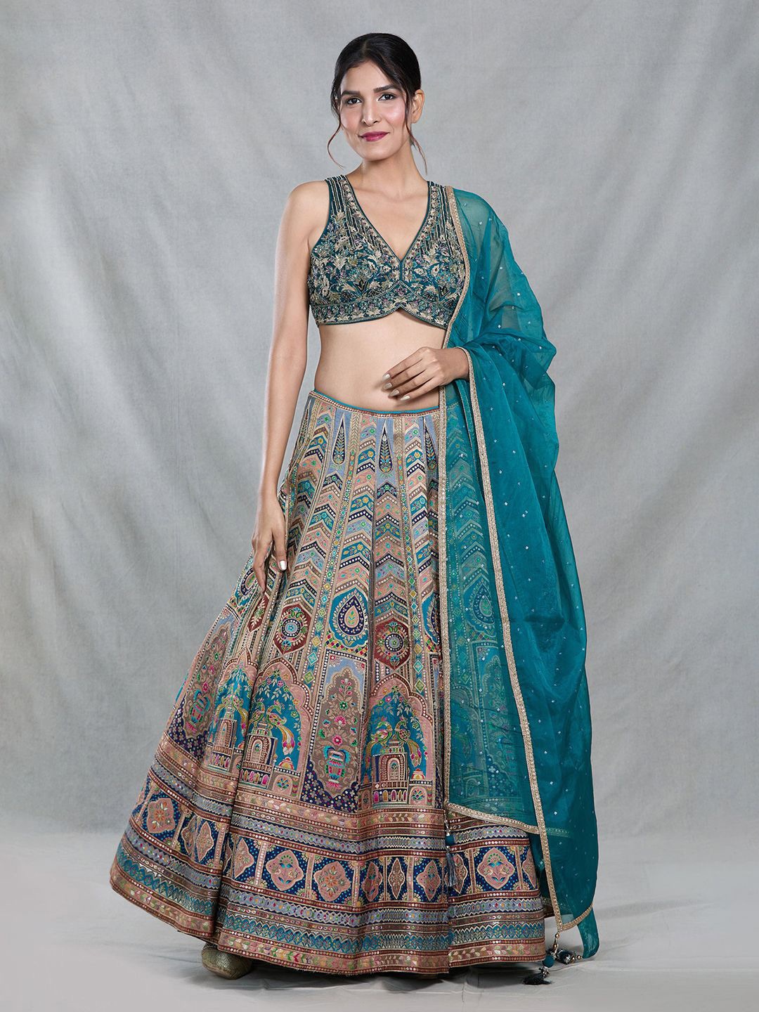 

Samyukta Singhania Embroidered Beads and Stones Banarasi Silk Ready to Wear Lehenga Choli, Blue