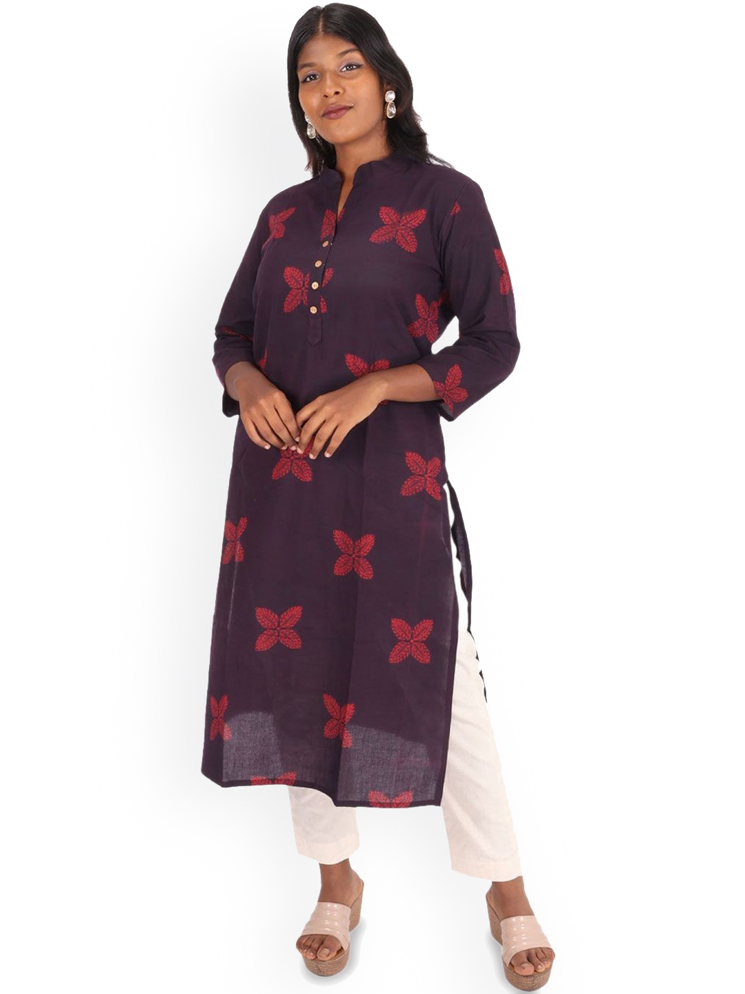 

Avishya Floral Printed Mandarin Collar Pure Cotton Straight Kurta, Maroon