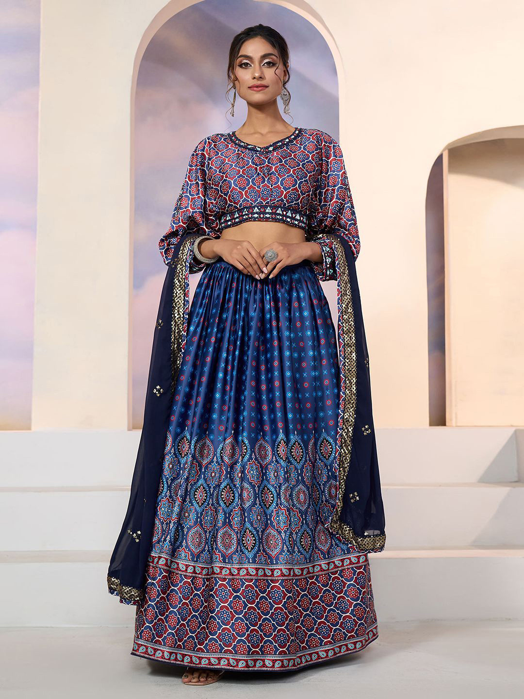 

Samyukta Singhania Printed Mirror Work Ready to Wear Lehenga & Blouse With Dupatta, Blue